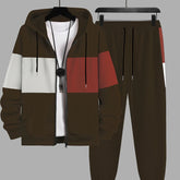 Plus Size 2Pcs Outfits - Sweatsuits for Spring, Fall, and Winter with Contrast Hooded Jacket and Joggers Set, Comfortable Men&