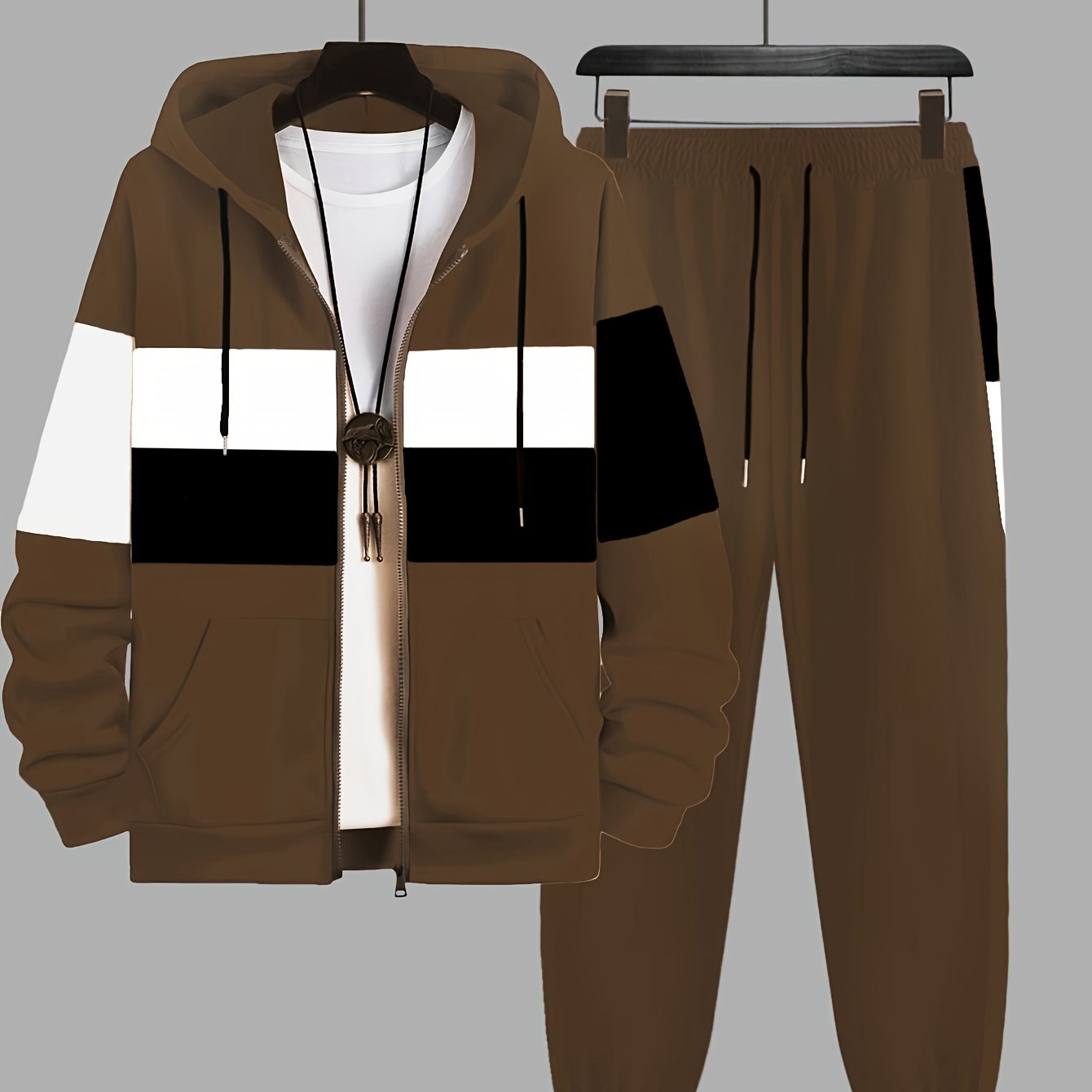 Plus Size 2Pcs Outfits - Sweatsuits for Spring, Fall, and Winter with Contrast Hooded Jacket and Joggers Set, Comfortable Men&