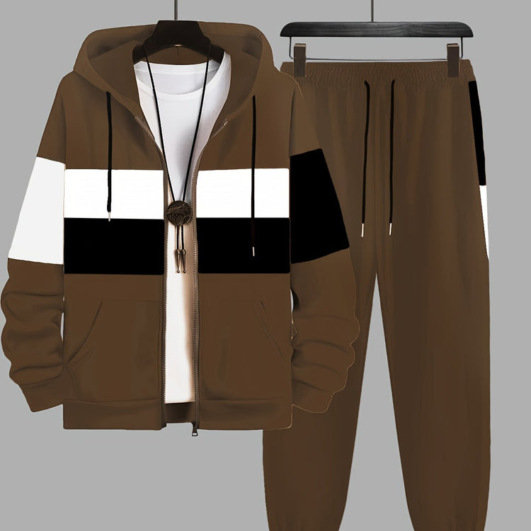 Plus Size 2Pcs Outfits - Sweatsuits for Spring, Fall, and Winter with Contrast Hooded Jacket and Joggers Set, Comfortable Men&