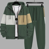 Plus Size 2Pcs Outfits - Sweatsuits for Spring, Fall, and Winter with Contrast Hooded Jacket and Joggers Set, Comfortable Men&