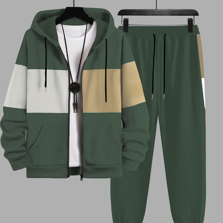 Plus Size 2Pcs Outfits - Sweatsuits for Spring, Fall, and Winter with Contrast Hooded Jacket and Joggers Set, Comfortable Men&