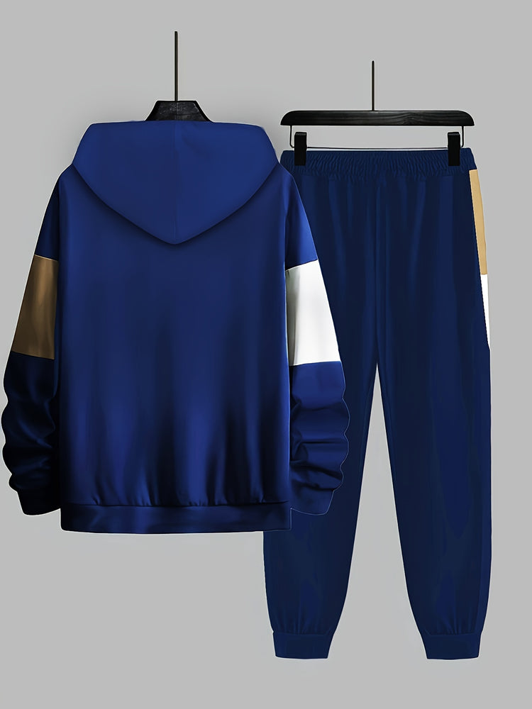 Plus Size 2Pcs Outfits - Sweatsuits for Spring, Fall, and Winter with Contrast Hooded Jacket and Joggers Set, Comfortable Men&