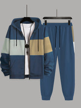 Plus Size 2Pcs Outfits - Sweatsuits for Spring, Fall, and Winter with Contrast Hooded Jacket and Joggers Set, Comfortable Men&