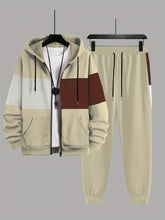 Plus Size 2Pcs Outfits - Sweatsuits for Spring, Fall, and Winter with Contrast Hooded Jacket and Joggers Set, Comfortable Men&
