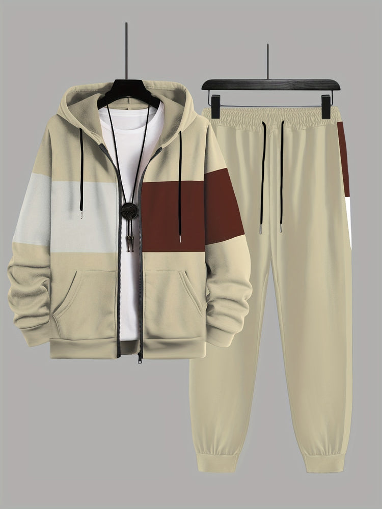Plus Size 2Pcs Outfits - Sweatsuits for Spring, Fall, and Winter with Contrast Hooded Jacket and Joggers Set, Comfortable Men&