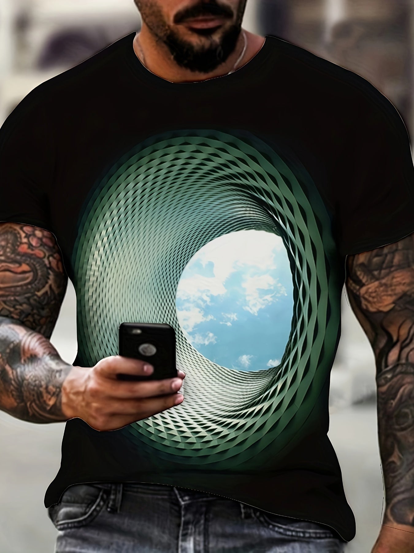 Plus Size 3D Hole With Blue Sky Graphic Print, Men&