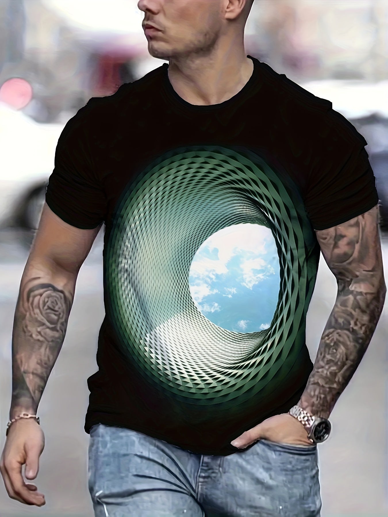 Plus Size 3D Hole With Blue Sky Graphic Print, Men&
