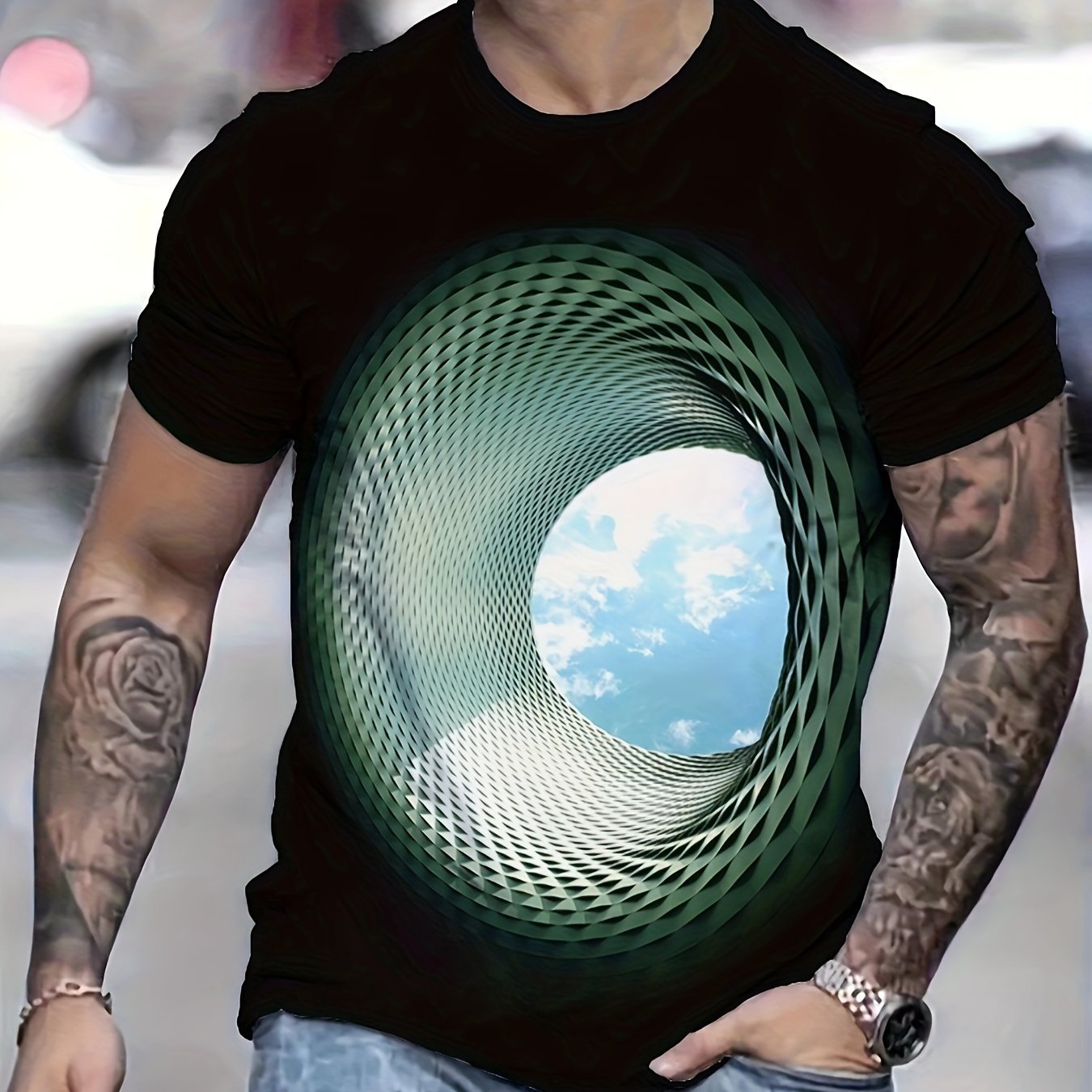 Plus Size 3D Hole With Blue Sky Graphic Print, Men&