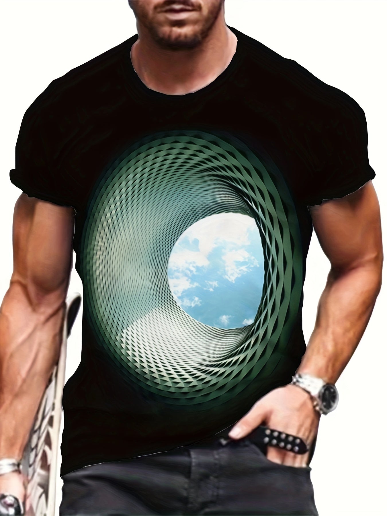 Plus Size 3D Hole With Blue Sky Graphic Print, Men&