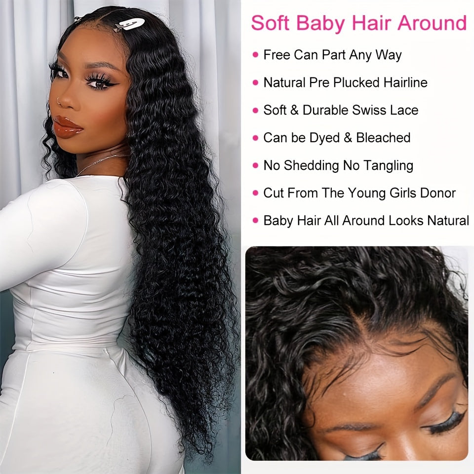 Brazilian Deep Wave Lace Front Wig HD Transparent 13x4 Lace Frontal Human Hair Wigs For Women Pre Plucked 100% Human Hair Deep Curly Wigs Natural Black Color 180% - Lena & Miles Exquisite Boutique LLC.
