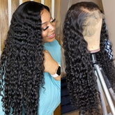 Brazilian Deep Wave Lace Front Wig HD Transparent 13x4 Lace Frontal Human Hair Wigs For Women Pre Plucked 100% Human Hair Deep Curly Wigs Natural Black Color 180% - Lena & Miles Exquisite Boutique LLC.