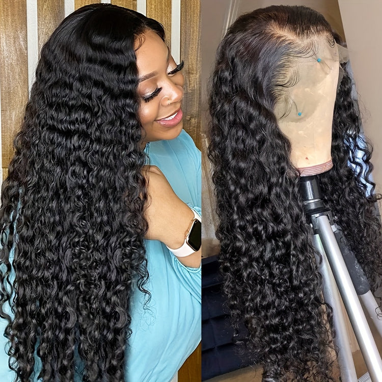 Brazilian Deep Wave Lace Front Wig HD Transparent 13x4 Lace Frontal Human Hair Wigs For Women Pre Plucked 100% Human Hair Deep Curly Wigs Natural Black Color 180% - Lena & Miles Exquisite Boutique LLC.