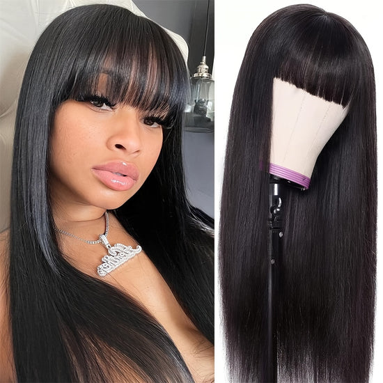 Straight Human Hair Wigs With Bangs None Lace Front Wigs 180% Density Brazilian Virgin Human Hair Glueless Machine Made Wigs For Black Women Natural Color - Lena & Miles Exquisite Boutique LLC.