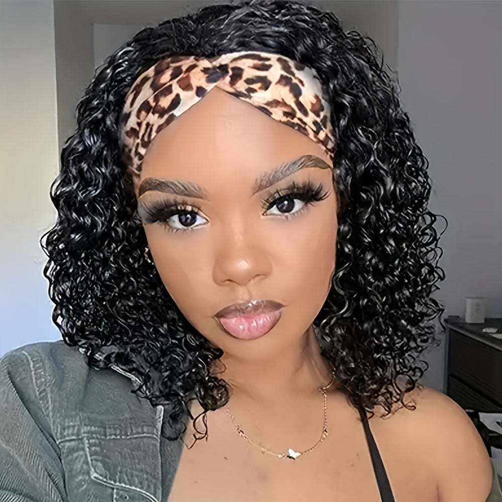 Headband Wigs 14 Inch Kinky Curly Headband Wigs For Women Synthetic Half Wig With Headband Attached No Lace Natural Black Curly Headband Wigs For Cosplay Party Daily Use - Lena & Miles Exquisite Boutique LLC.