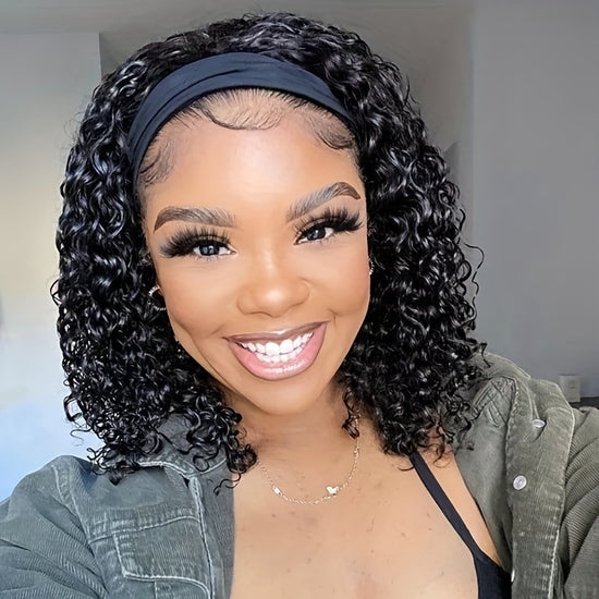 Headband Wigs 14 Inch Kinky Curly Headband Wigs For Women Synthetic Half Wig With Headband Attached No Lace Natural Black Curly Headband Wigs For Cosplay Party Daily Use - Lena & Miles Exquisite Boutique LLC.