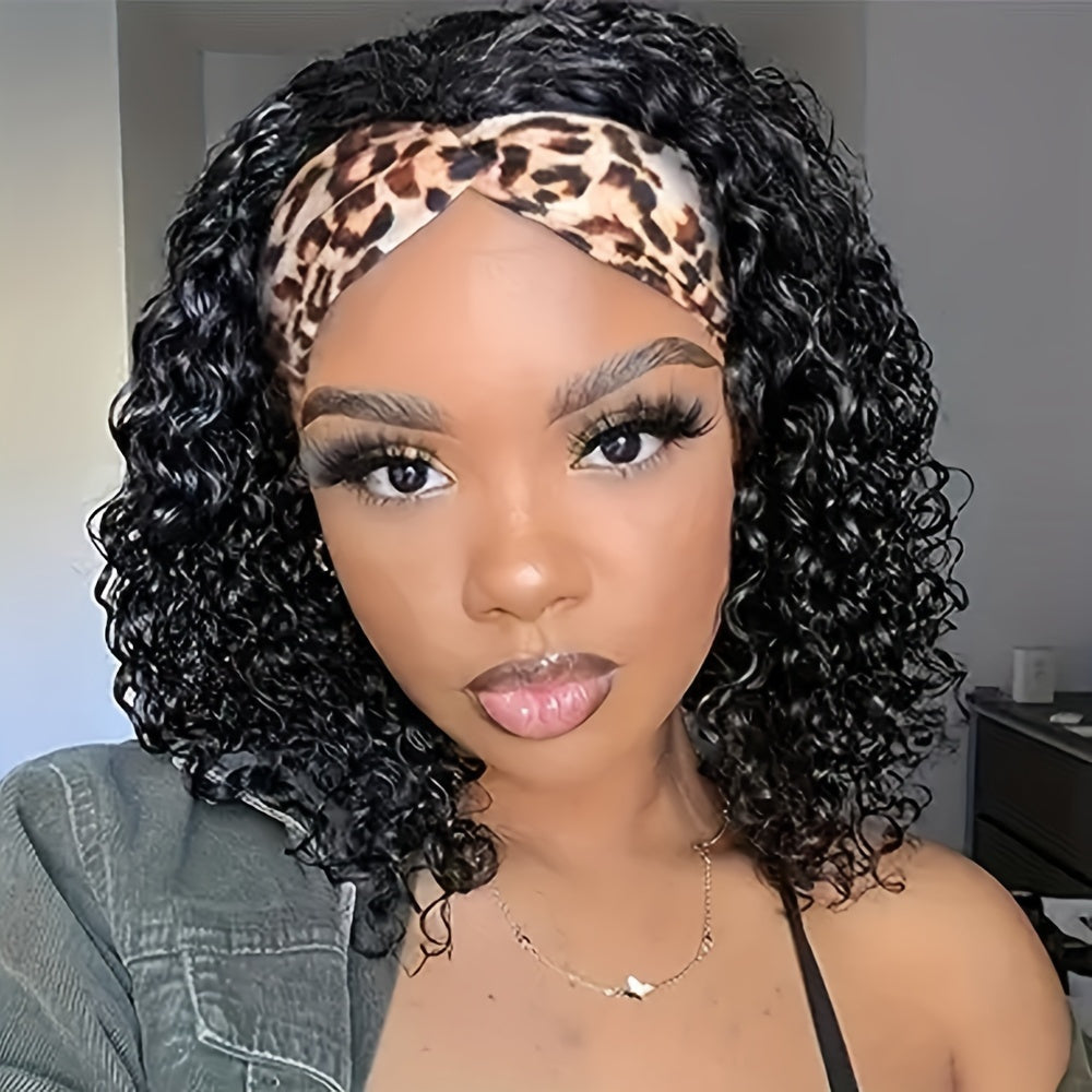 Headband Wigs 14 Inch Kinky Curly Headband Wigs For Women Synthetic Half Wig With Headband Attached No Lace Natural Black Curly Headband Wigs For Cosplay Party Daily Use - Lena & Miles Exquisite Boutique LLC.