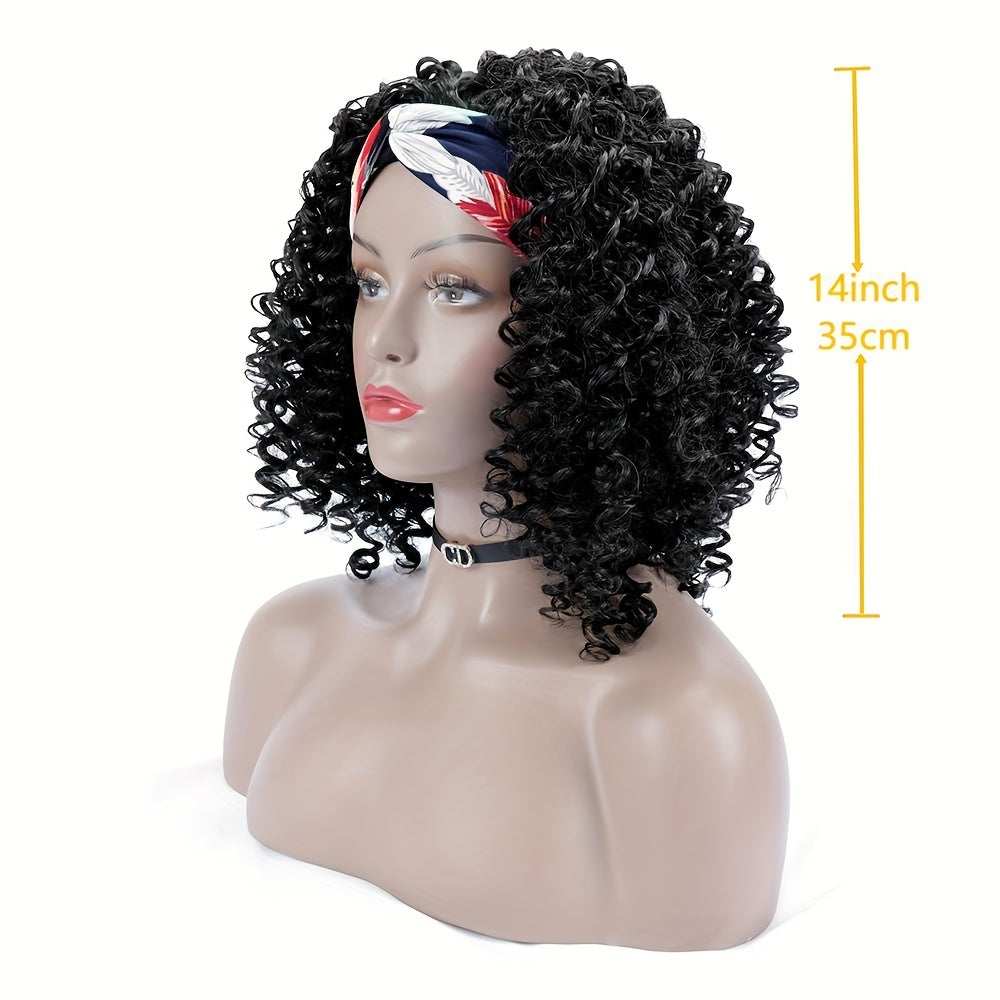 Headband Wigs 14 Inch Kinky Curly Headband Wigs For Women Synthetic Half Wig With Headband Attached No Lace Natural Black Curly Headband Wigs For Cosplay Party Daily Use - Lena & Miles Exquisite Boutique LLC.
