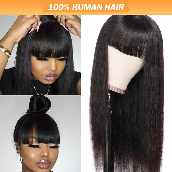 Straight Human Hair Wigs With Bangs Brazilian Virgin None Lace Front Wigs Glueless Machine Made For Women Wigs 150% Density Natural Color - Lena & Miles Exquisite Boutique LLC.