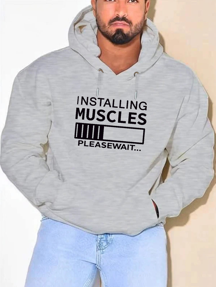 PLUS SIZE Installing Muscles Print Hoodie, Men&