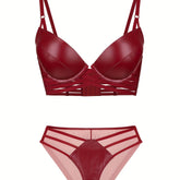 Simple Solid Bra & Panties, Push Up Bra & Cut Out Panties Lingerie Set, Women&