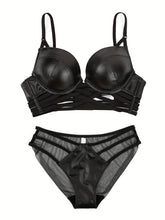 Simple Solid Bra & Panties, Push Up Bra & Cut Out Panties Lingerie Set, Women&