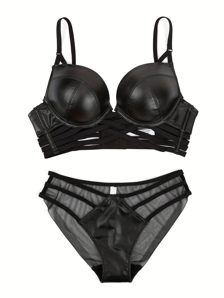 Simple Solid Bra & Panties, Push Up Bra & Cut Out Panties Lingerie Set, Women&