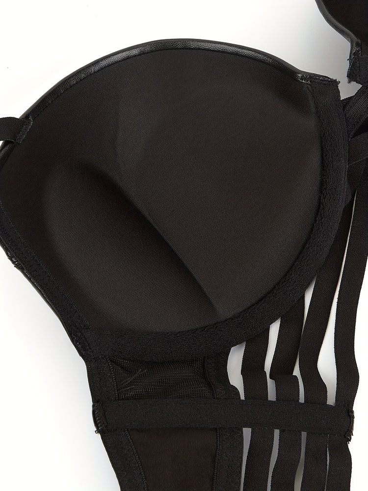 Simple Solid Bra & Panties, Push Up Bra & Cut Out Panties Lingerie Set, Women&