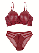 Simple Solid Bra & Panties, Push Up Bra & Cut Out Panties Lingerie Set, Women&