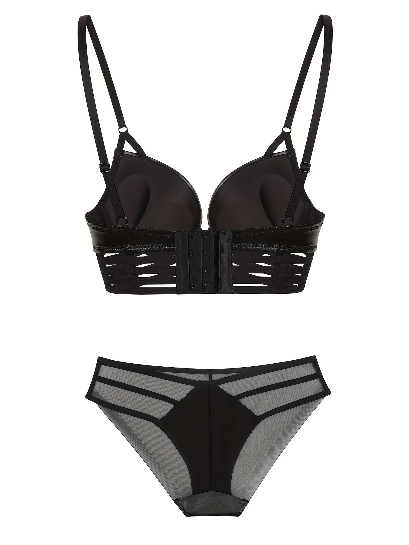 Simple Solid Bra & Panties, Push Up Bra & Cut Out Panties Lingerie Set, Women&