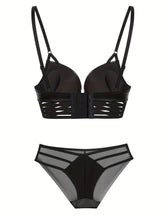 Simple Solid Bra & Panties, Push Up Bra & Cut Out Panties Lingerie Set, Women&