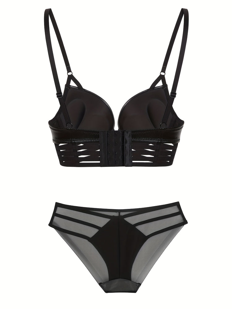 Simple Solid Bra & Panties, Push Up Bra & Cut Out Panties Lingerie Set, Women&