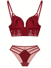 Simple Solid Bra & Panties, Push Up Bra & Cut Out Panties Lingerie Set, Women&