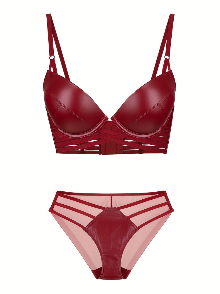 Simple Solid Bra & Panties, Push Up Bra & Cut Out Panties Lingerie Set, Women&