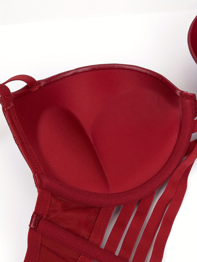 Simple Solid Bra & Panties, Push Up Bra & Cut Out Panties Lingerie Set, Women&