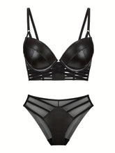 Simple Solid Bra & Panties, Push Up Bra & Cut Out Panties Lingerie Set, Women&