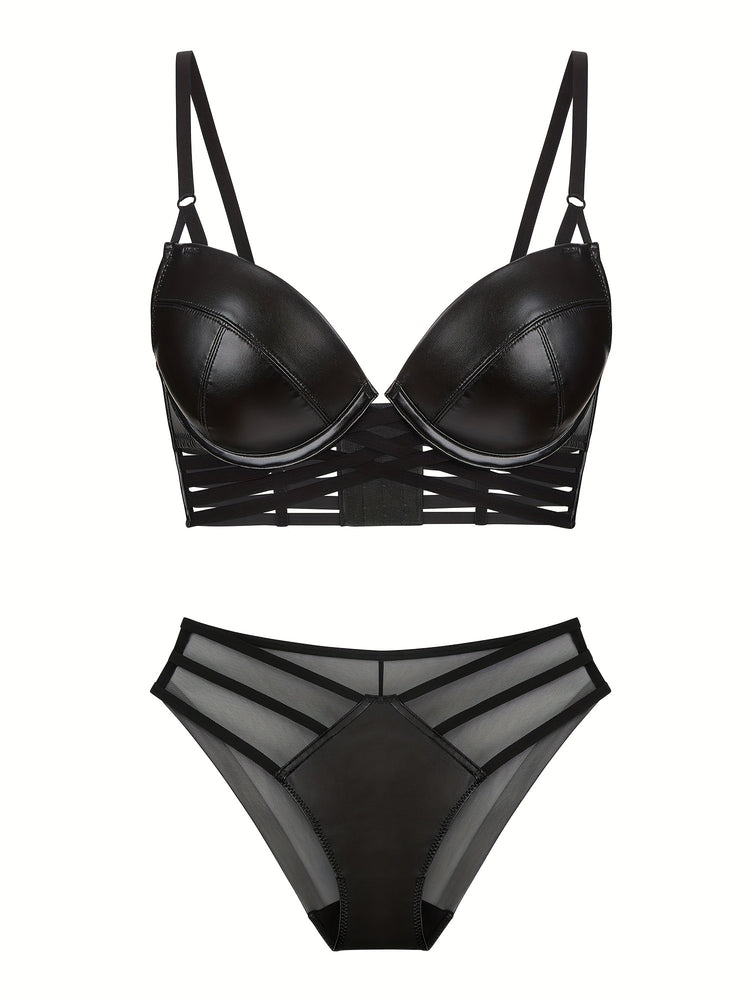 Simple Solid Bra & Panties, Push Up Bra & Cut Out Panties Lingerie Set, Women&