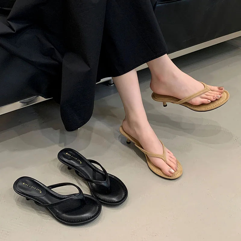 Fashion Round Toe Women Thin Heels Slippers Slides Female Flip flops Sandals Spring Summer Ladies Heeled Slippers Shoes Pumps - Lena & Miles Exquisite Boutique LLC.