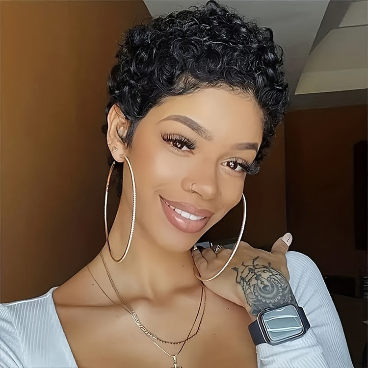 Short Kinky Curly Wigs Human Hair Pixie Cut Brazilian Human Hair For Women Natural Black Glueless Curly Human Hair Wigs - Lena & Miles Exquisite Boutique LLC.