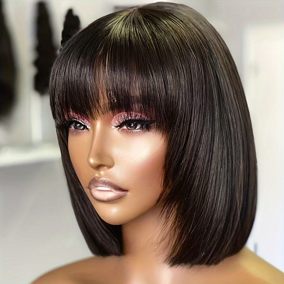 [180% Full Human Hair Bob Wig] Straight Short Bob Wig With Bangs 100% Human Hair Full Machine Made Bob Wigs Glueless Straight Wigs For Women 180% - Lena & Miles Exquisite Boutique LLC.