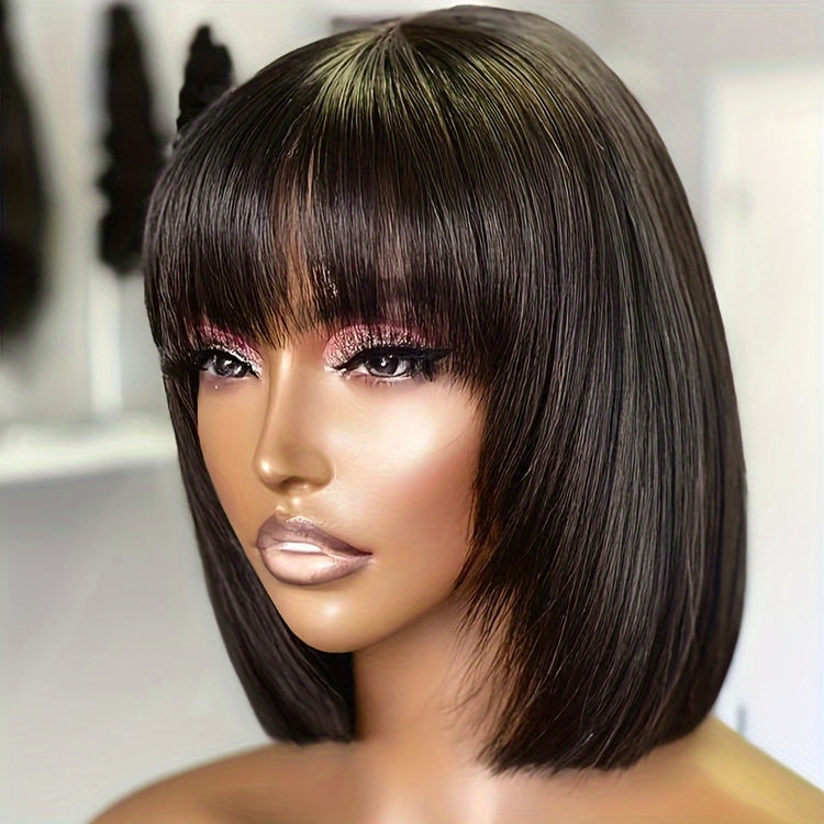 [180% Full Human Hair Bob Wig] Straight Short Bob Wig With Bangs 100% Human Hair Full Machine Made Bob Wigs Glueless Straight Wigs For Women 180% - Lena & Miles Exquisite Boutique LLC.
