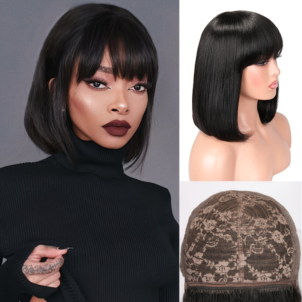 [180% Full Human Hair Bob Wig] Straight Short Bob Wig With Bangs 100% Human Hair Full Machine Made Bob Wigs Glueless Straight Wigs For Women 180% - Lena & Miles Exquisite Boutique LLC.