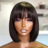 [180% Full Human Hair Bob Wig] Straight Short Bob Wig With Bangs 100% Human Hair Full Machine Made Bob Wigs Glueless Straight Wigs For Women 180% - Lena & Miles Exquisite Boutique LLC.