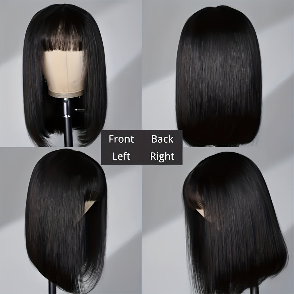[180% Full Human Hair Bob Wig] Straight Short Bob Wig With Bangs 100% Human Hair Full Machine Made Bob Wigs Glueless Straight Wigs For Women 180% - Lena & Miles Exquisite Boutique LLC.