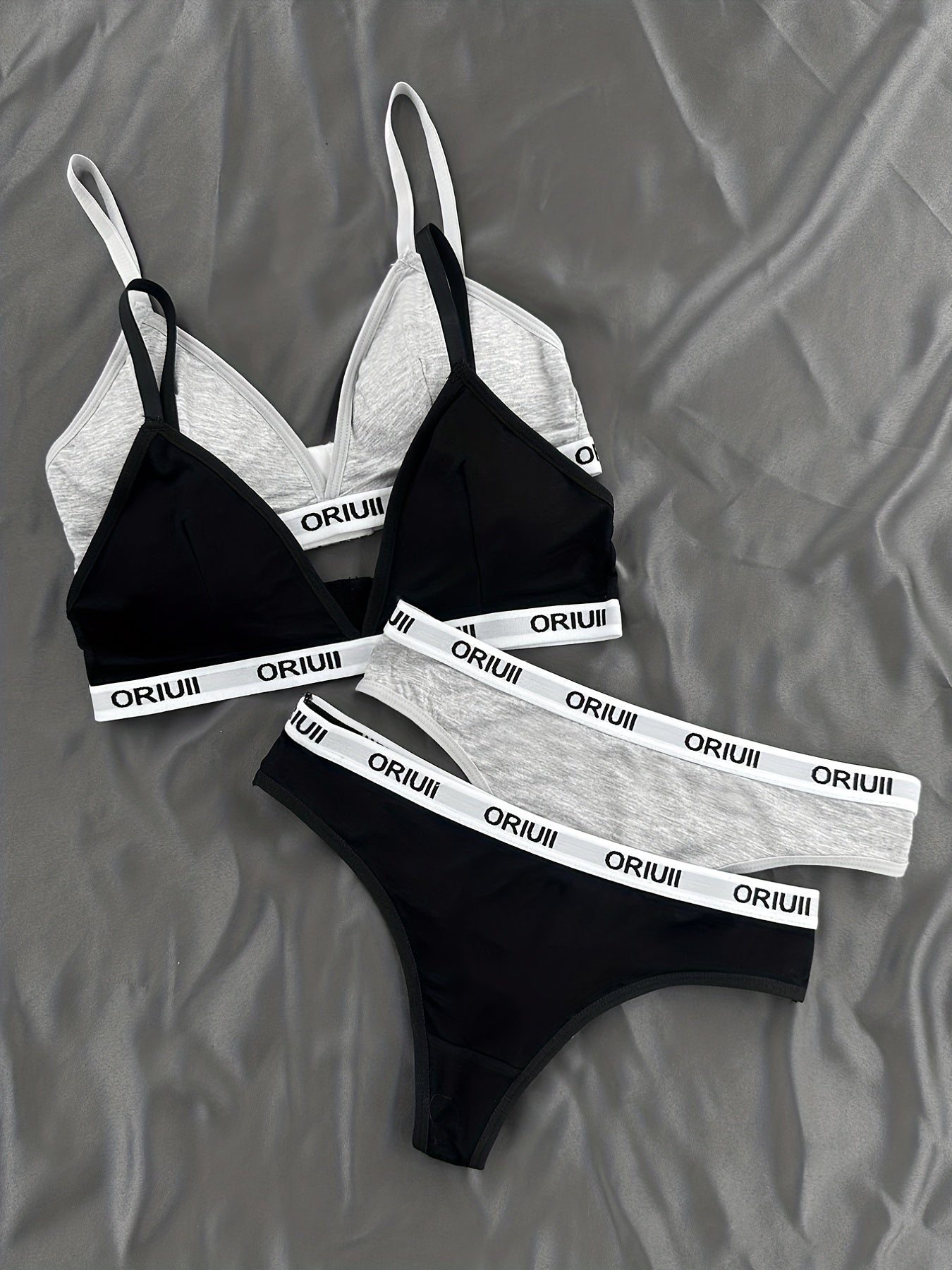 2 Sets Letter Print Bra & Panties, Wireless Sports Bra & Elastic Thong Lingerie Set, Women&