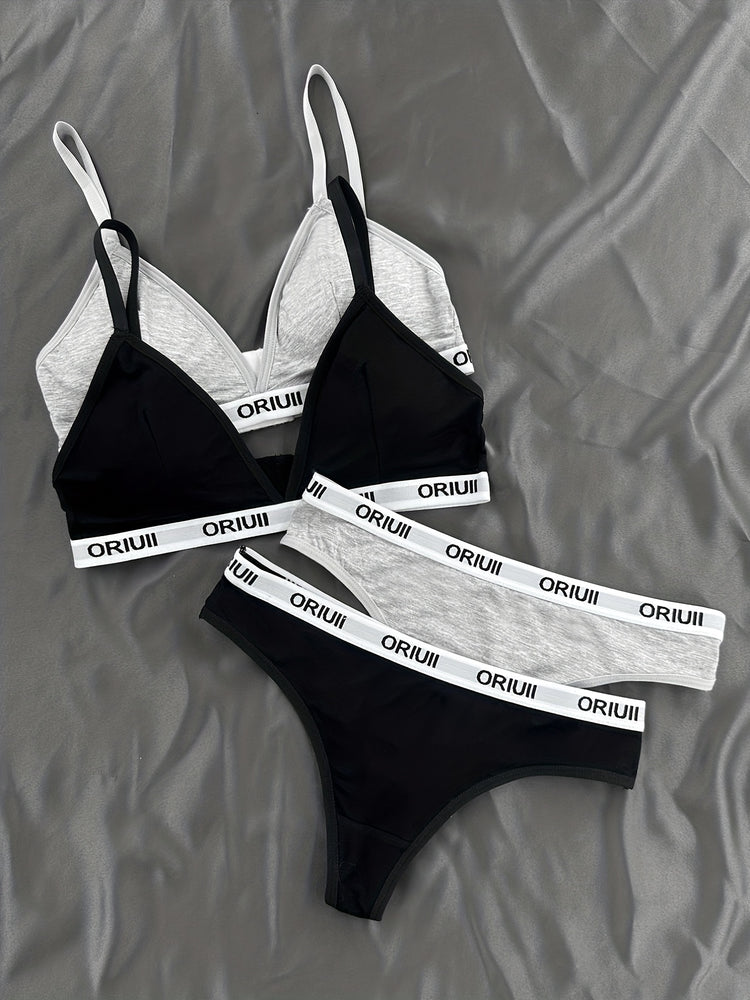 2 Sets Letter Print Bra & Panties, Wireless Sports Bra & Elastic Thong Lingerie Set, Women&