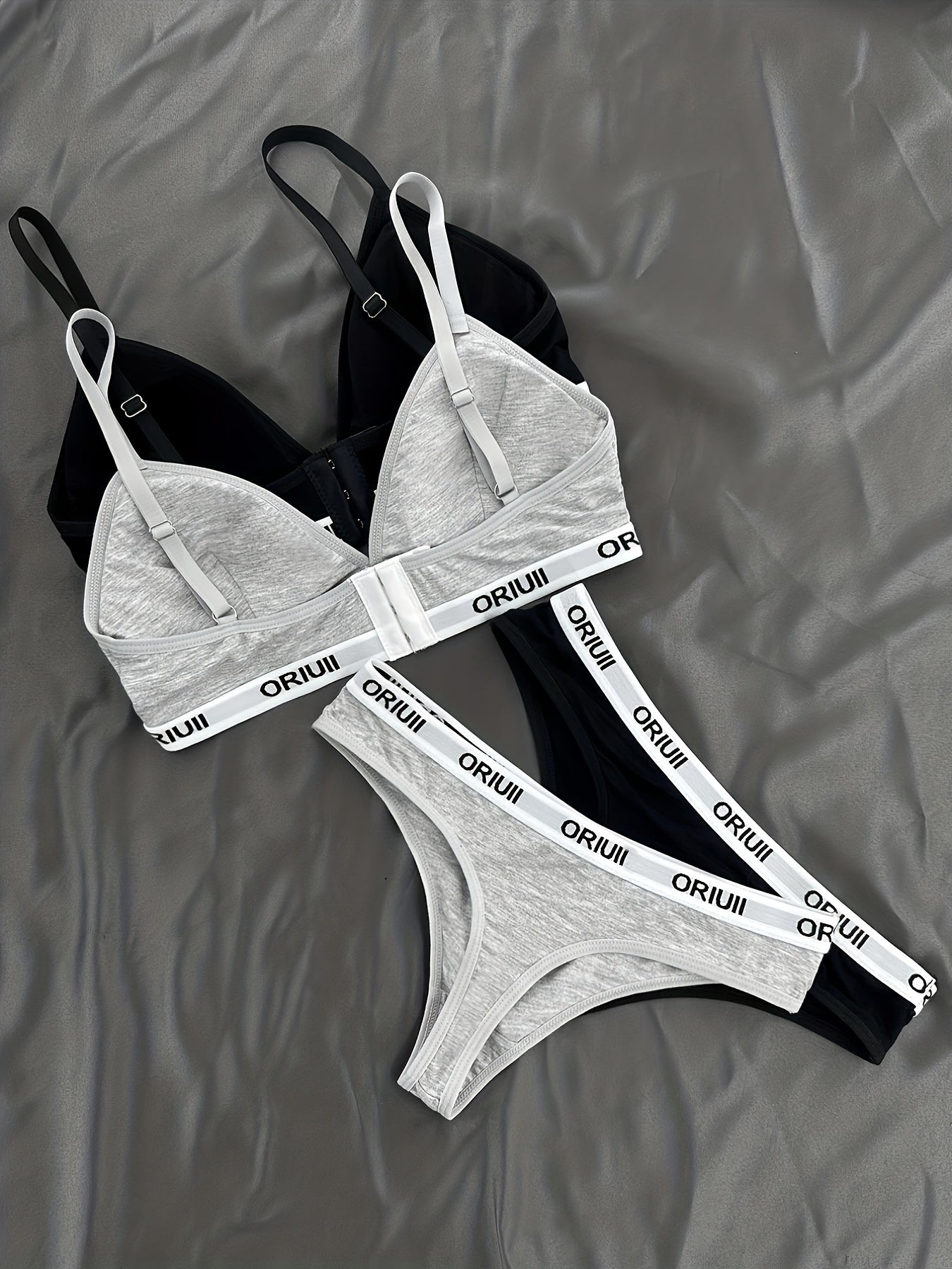 2 Sets Letter Print Bra & Panties, Wireless Sports Bra & Elastic Thong Lingerie Set, Women&