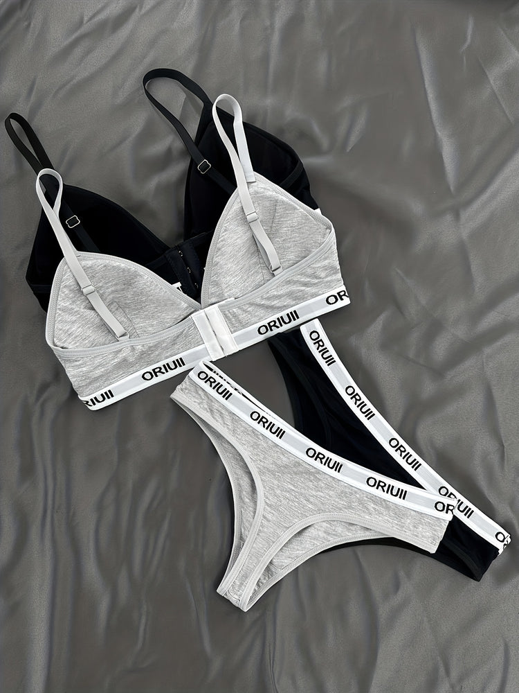 2 Sets Letter Print Bra & Panties, Wireless Sports Bra & Elastic Thong Lingerie Set, Women&