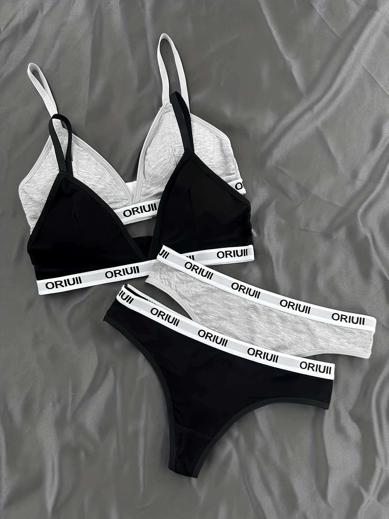 2 Sets Letter Print Bra & Panties, Wireless Sports Bra & Elastic Thong Lingerie Set, Women&