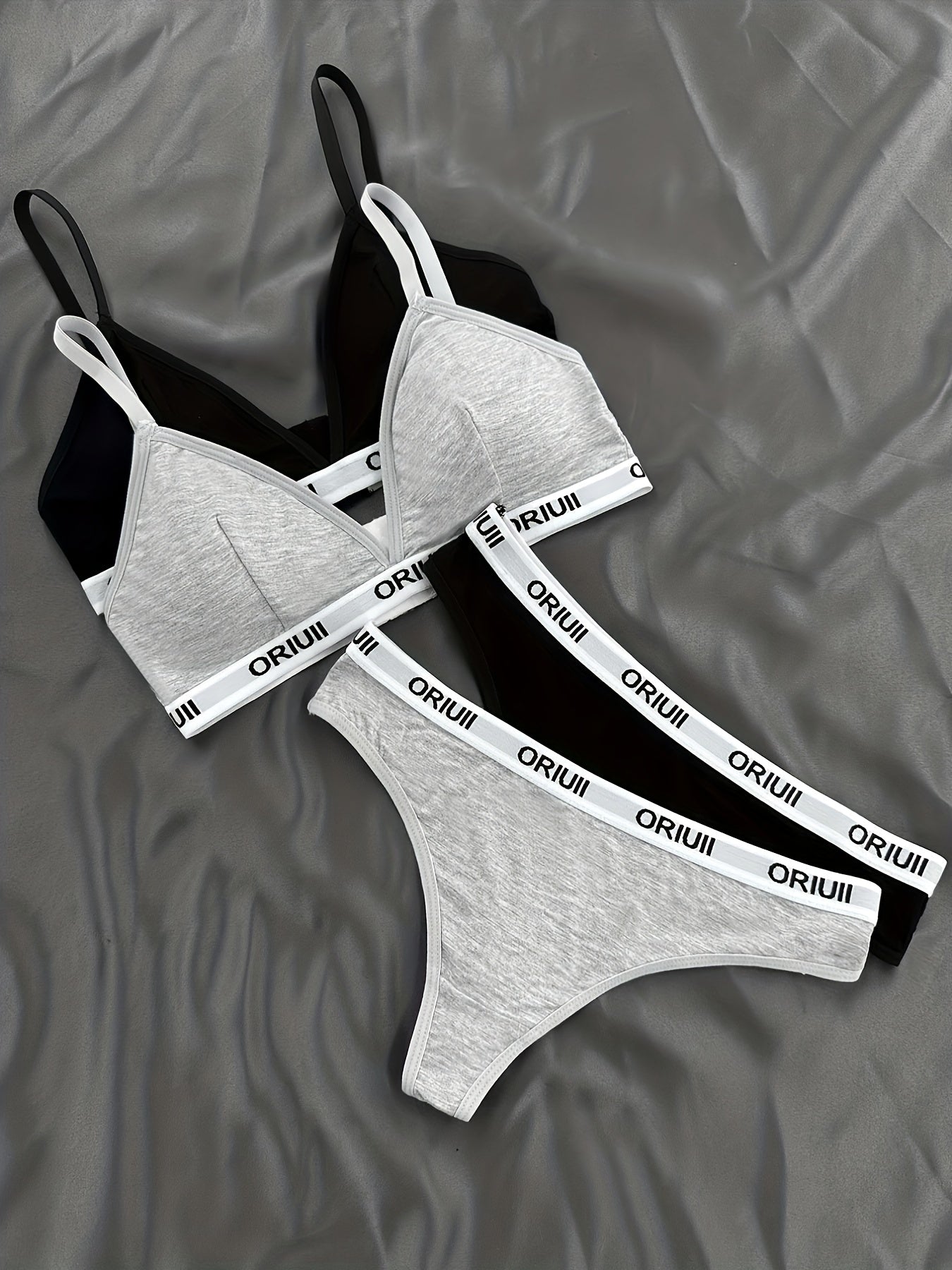 2 Sets Letter Print Bra & Panties, Wireless Sports Bra & Elastic Thong Lingerie Set, Women&