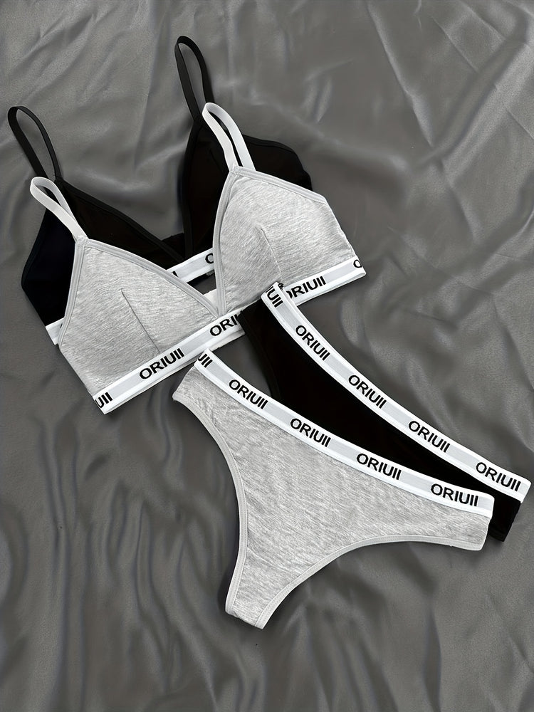 2 Sets Letter Print Bra & Panties, Wireless Sports Bra & Elastic Thong Lingerie Set, Women&